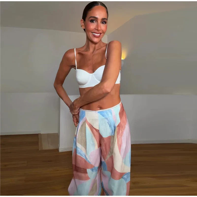 Beach Holiday Print Pants Sets Women Square Neck Sleeveless Lace Up Wide Legs Ruffles Suits Female 2026 Summer New Chic Outfits