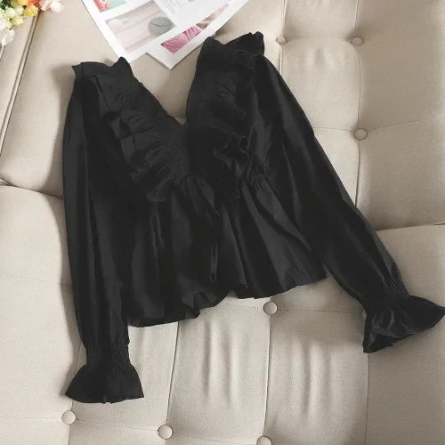 Gagaok Women Sweet Short Blouse Spring Autumn New Solid V-Neck Flare Sleeve Ruffles Slim Chic Wild Female Fashion Korean Shirt