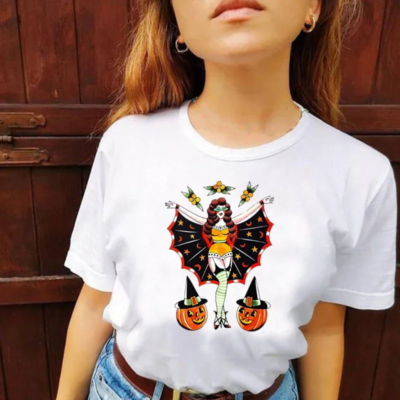 2024 Funny Pumpkin Face Floral Sexy Ladies T Shirt Women Halloween Clothes Fall Festival T-shirt WomenTop