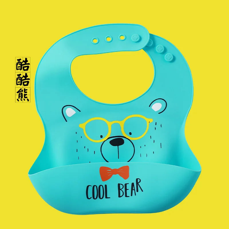 Cute Baby Bibs Waterproof Silicone Bib Infant Toddler Feeding Saliva Towel Cartoon Adjustable Children Apron with Pocket Scarf