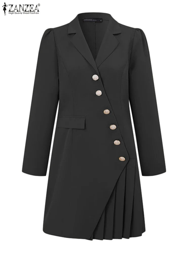 2024 ZANZEA Elegant Women OL Work Blazer Dress Autumn Fashion Casual Lapel Neck Solid Pleated Short Vestido Long Sleeve Sundres
