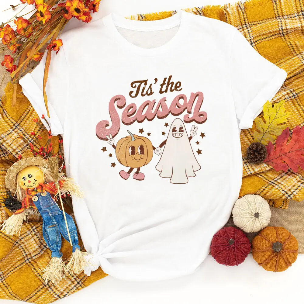 Tis The Season Shirt Retro Halloween Shirts Fall Season Pumpkin Ghost T Shirt Halloween Party Outfit Trick or Treat Clothes