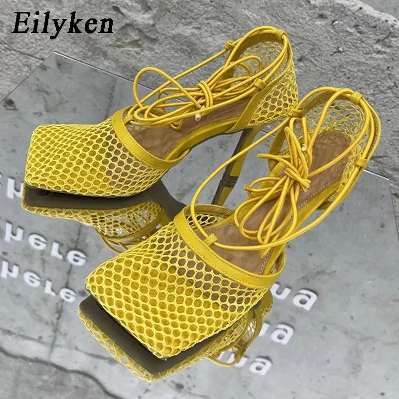 Eilyken 2023 New Sexy Mesh Pumps Sandals Female Square Toe High Heel Lace Up Cross-Tied Stiletto Hollow Shoes