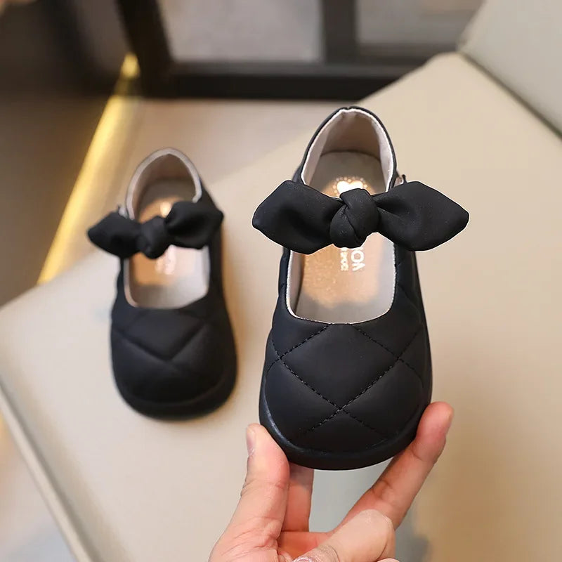 Children Leather Shoes for Girls Shallow Bow Solid Color