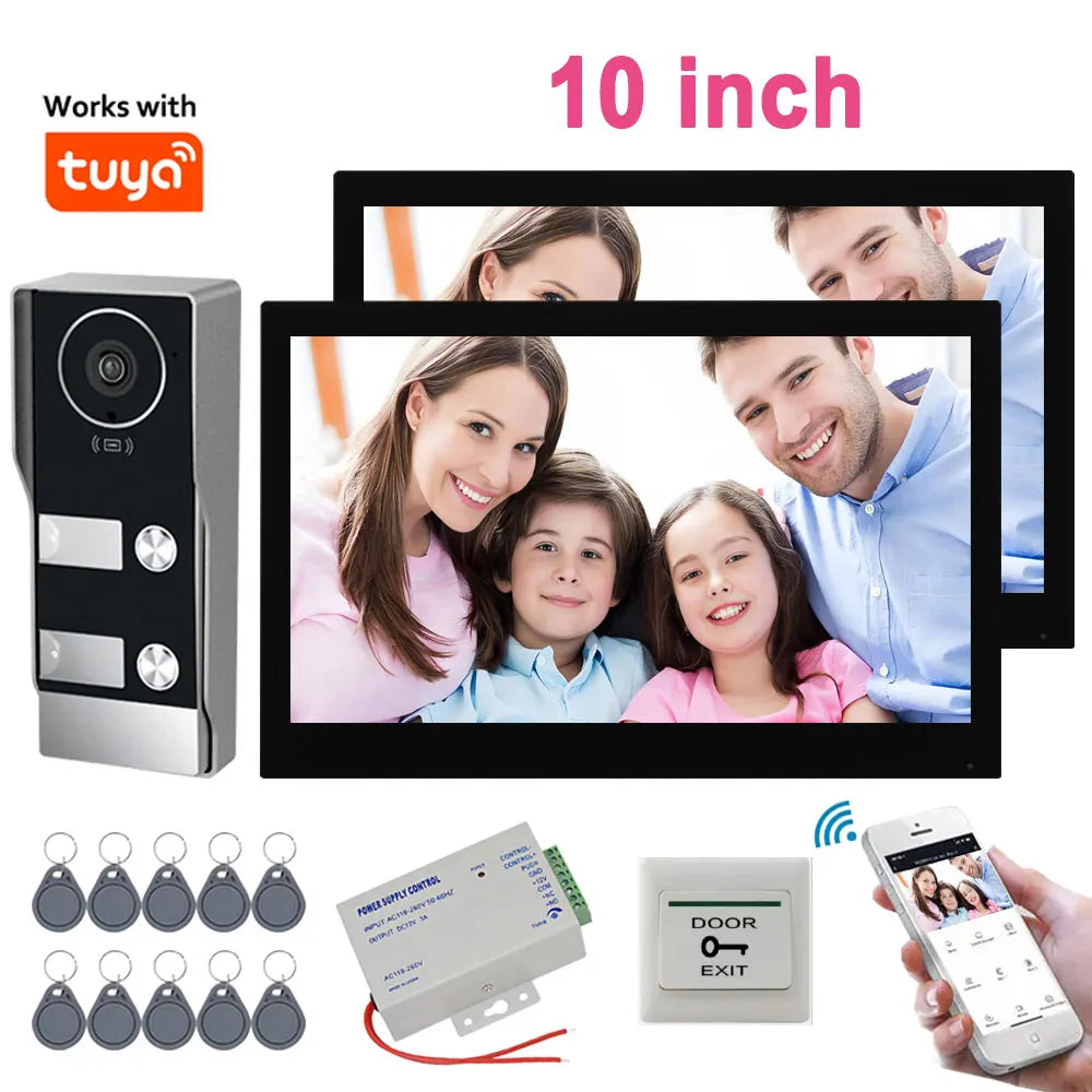 Tuya Smart WiFi Video Doorbell Intercom 1080P 2 Wired 10 inch LCD Video Door Phone System RFID APP Unlock for 2-Unit Apartments