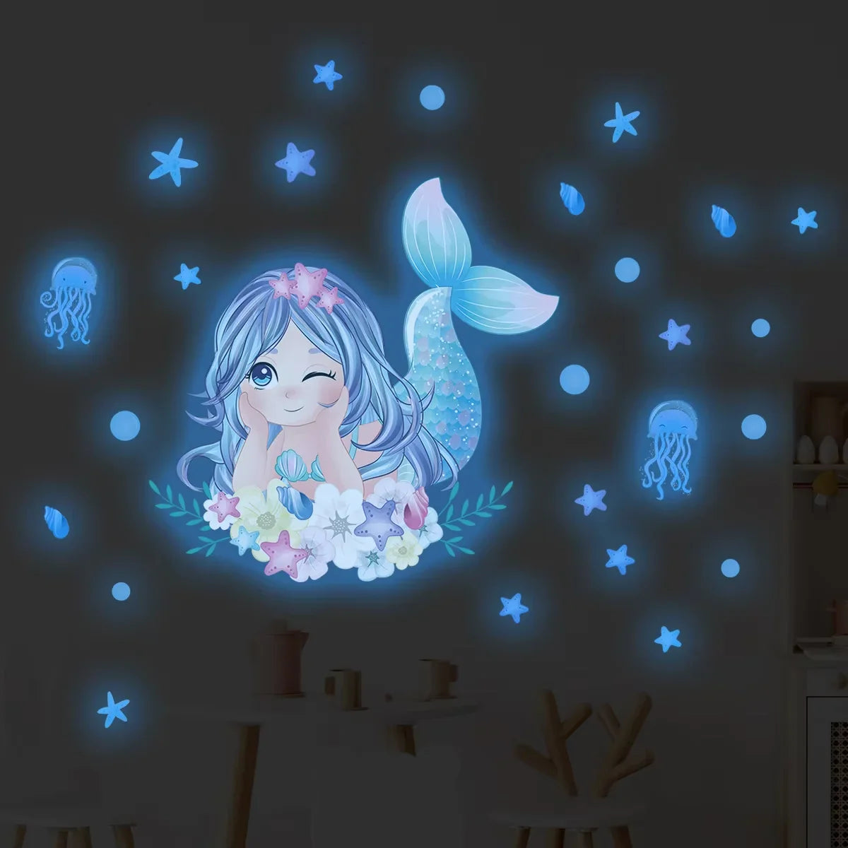 1Pc Cartoon Blue Light Glow Wall Stickers Kids Room Girls Room Decoration for Bedroom Children Living Room Decor for House