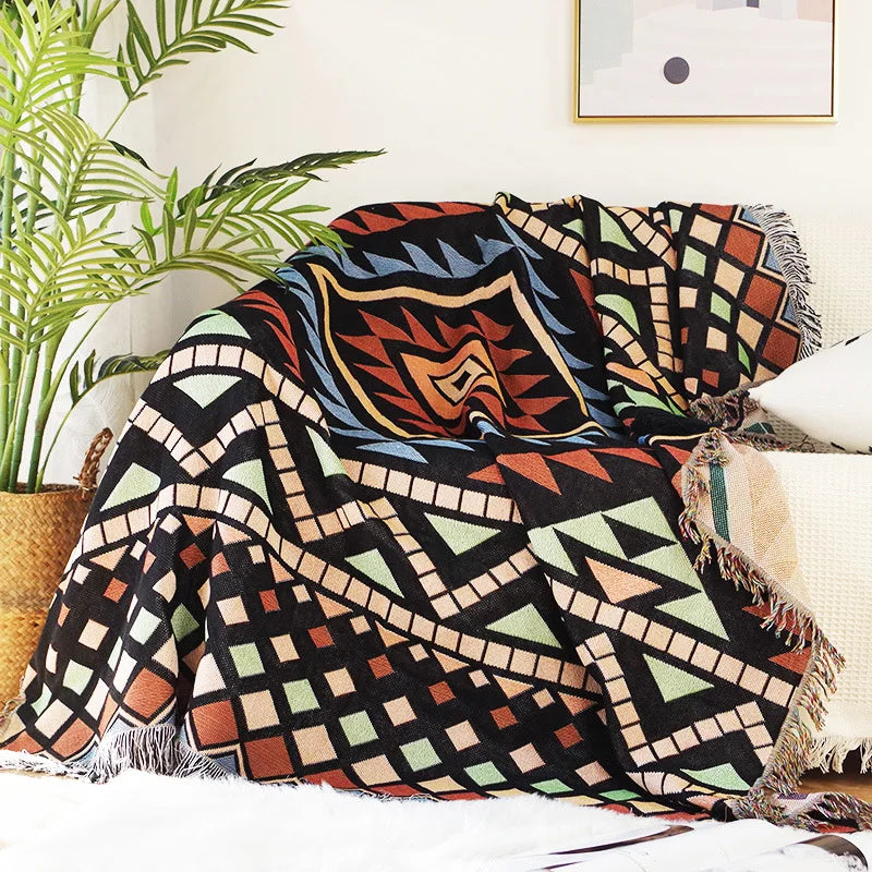 Retro Indian Style Thread Blanket Countryside Geometry Sofa Cobertor Hanging Tapestry Cotton Knitted Sofa Blanket for Bed Travel