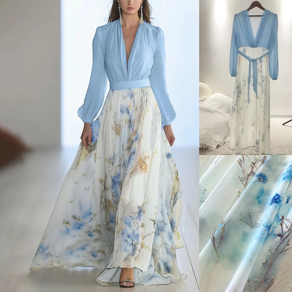 Fashion Floral Print Patchwork Bohemian Dress Woman 2025 Sexy V Neck Hollow Long Dresses Long Sleeve Puff Loose Maxi Dress
