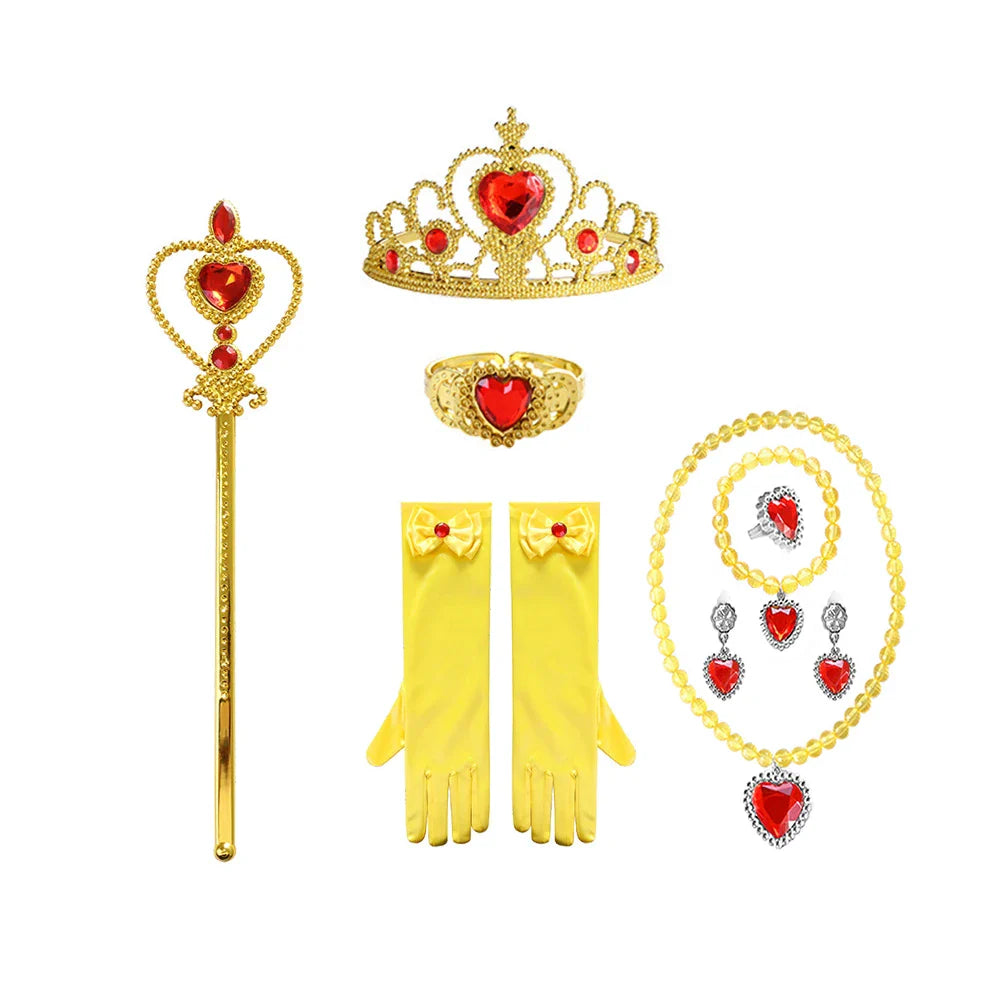 Halloween Girls Princess Belle Dress Up Evening Party Yellow Shoulderless Elegant Long Dresses Beauty Beast Fairy Costume Wig