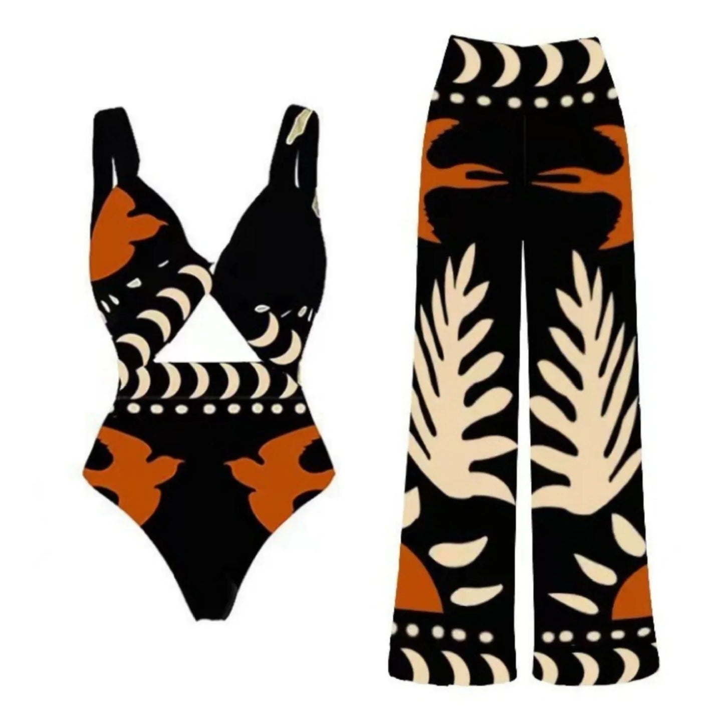 2024 Europe and the United States new swimsuit retro printed mesh pants bikini conservative women's swimsuit