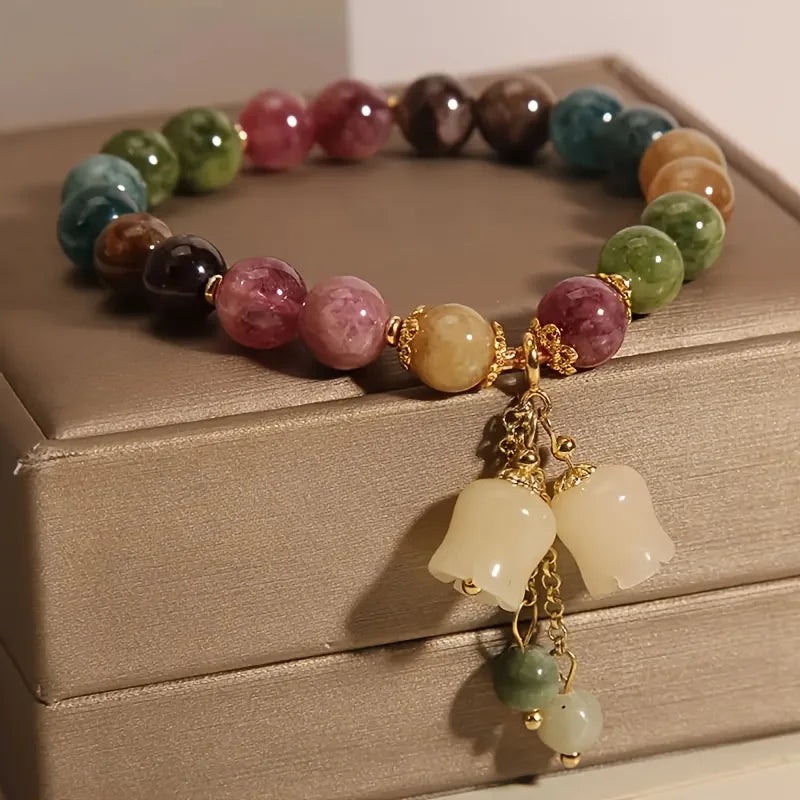 Vintage Antique Style Beaded Bracelet, Chinese Multi Gemstone Wristband with Carved Lily of The Valley Pendant, Retro Heirloom Aesthetic Jewelry Gift for Classic Fashion Lovers
