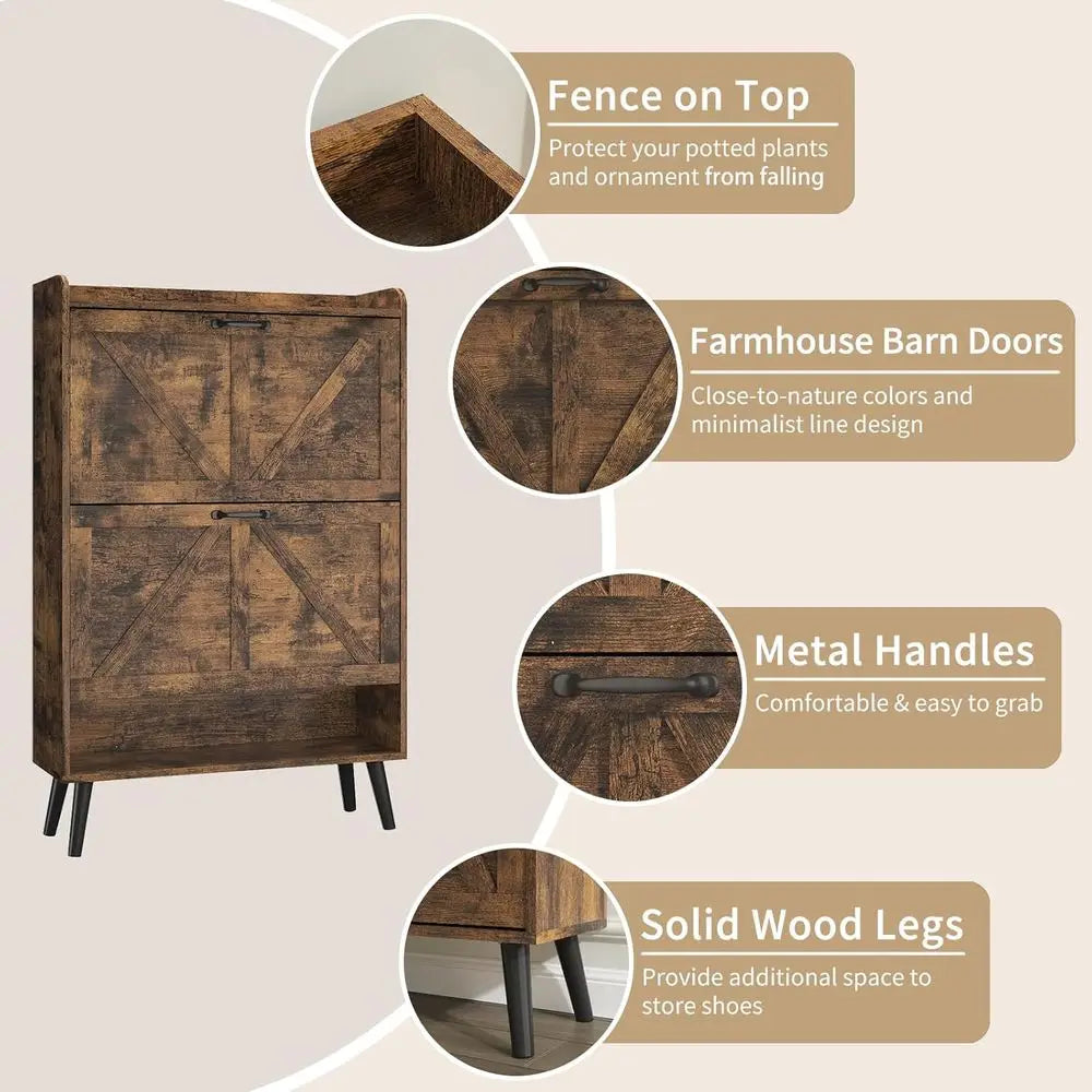 Rustic Brown Slim Shoe Cabinet with 2 Flip Drawers and Wooden Legs for Entryway Storage
