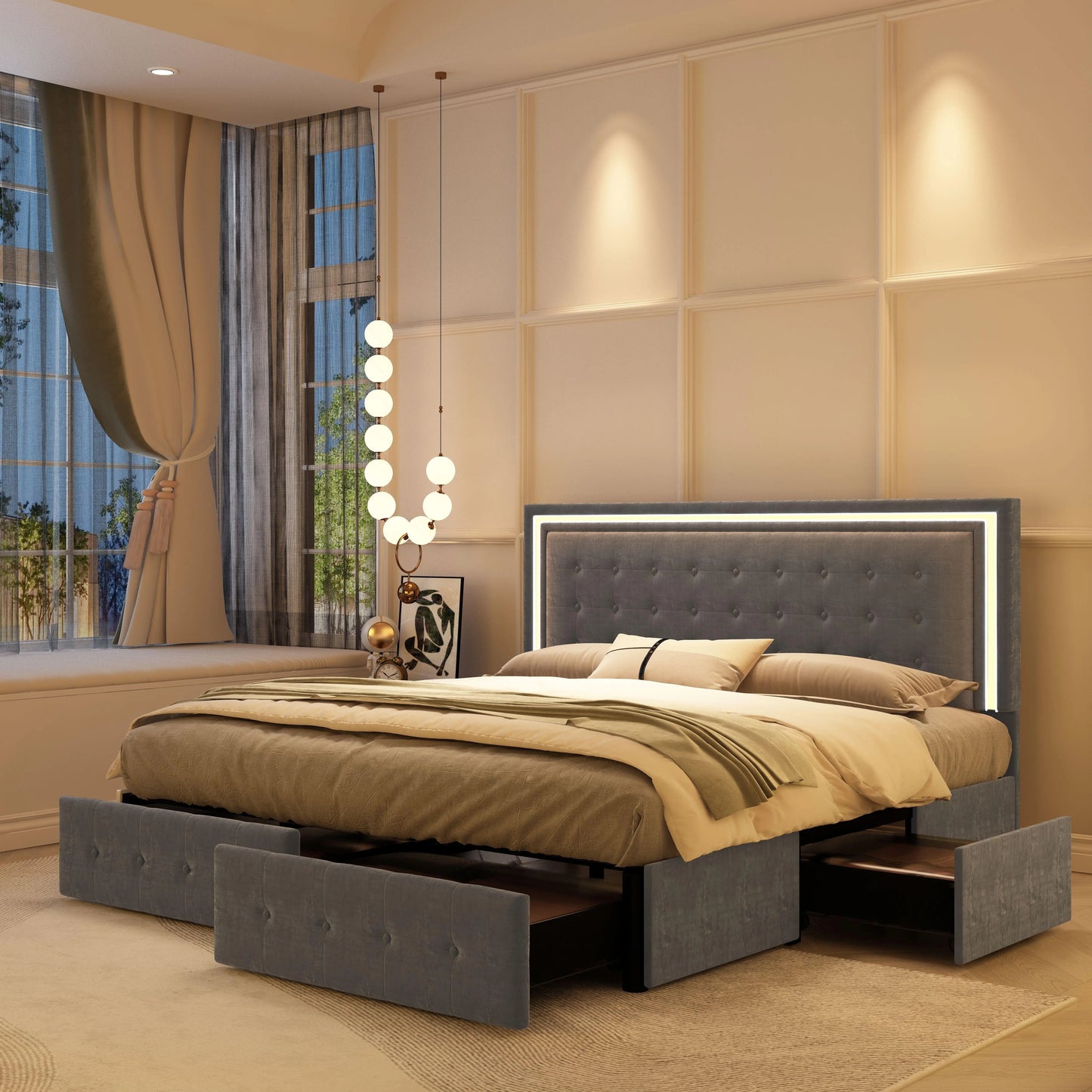 Queen LED Bed Frame, 4 Storage Drawers, Headboard, No Box Spring Needed