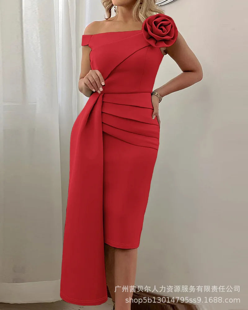 2024 Spring Summer New Women's Mint Green off-Shoulder Three-Dimensional Flower Decoration Asymmetric Gathers Dress Skirt