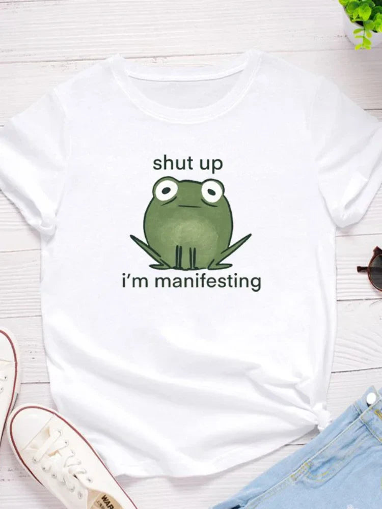 I'm Manifesting Frog Print Women T Shirt Short Sleeve O Neck Loose Women Tshirt Ladies Tee Shirt Tops Clothes Camisetas Mujer