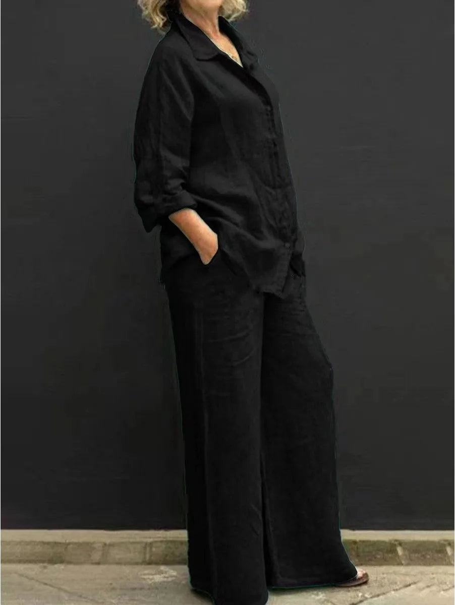Solid Color Cotton Linen Shirt 2 Piece Set For Women Spring Autumn Long Sleeve Blouse Wide Leg Pants Suits Female Casual Outfits