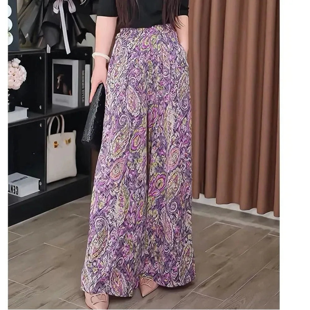 2025 High Waist Summer New Style Printing Pocket Sunscreen Ice Silk Pants Fashion Loose Temperament Wide Leg Straight Trousers