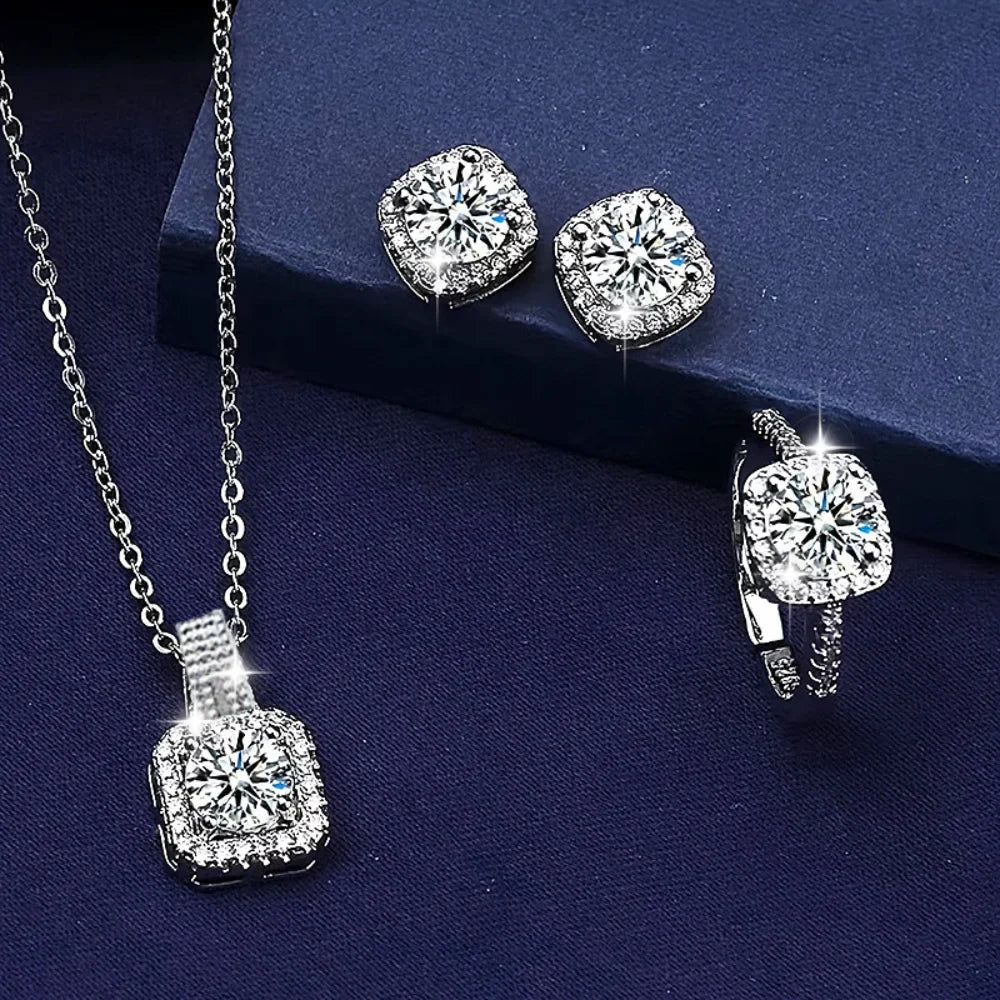 3pcs Set Luxury Brand Shiny Geometric Square Zircon Necklace Earring