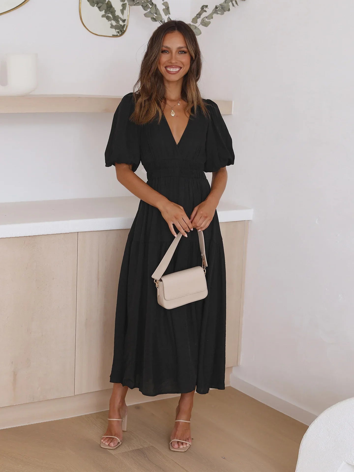 Chic Vintage Lantern Sleeve Ruffles White Dress Women Causal V-neck High Waist Midi Dress Sexy Party Dress Ladies Summer Dress