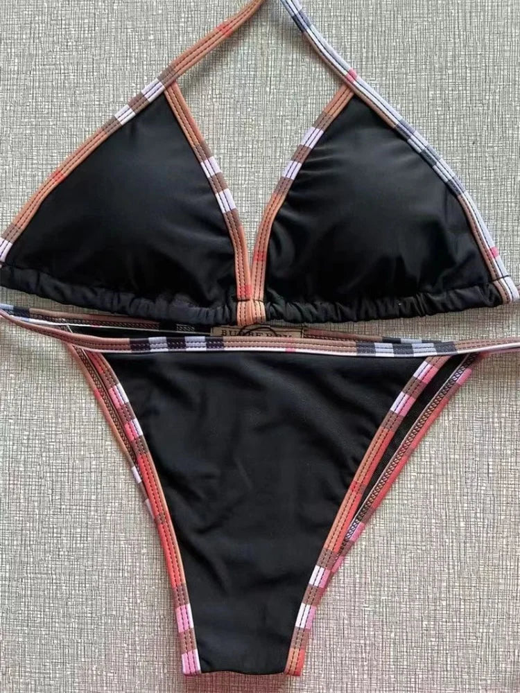 Summer Sexy Solid Color Women's Bikini Bra Thong 2 Piece Swimsuit Beachwear Brazilian Swimsuit Women's Lace-Up Side Biquini New