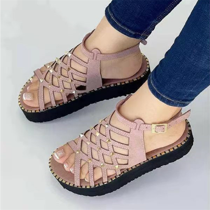 Women's Rivet Sandals 2022 Summer New Fashion Buckle Platform Roman High Heels Casual Sports Beach Wedge Sandals Chaussure Femme