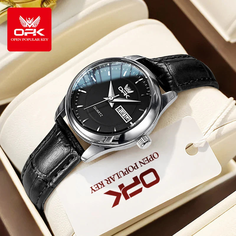 OPK 6022 Women's Watches Elegant Fashion Small Quartz Wristwatch for Ladies Waterproof Leather Strap Dual Calendar Display