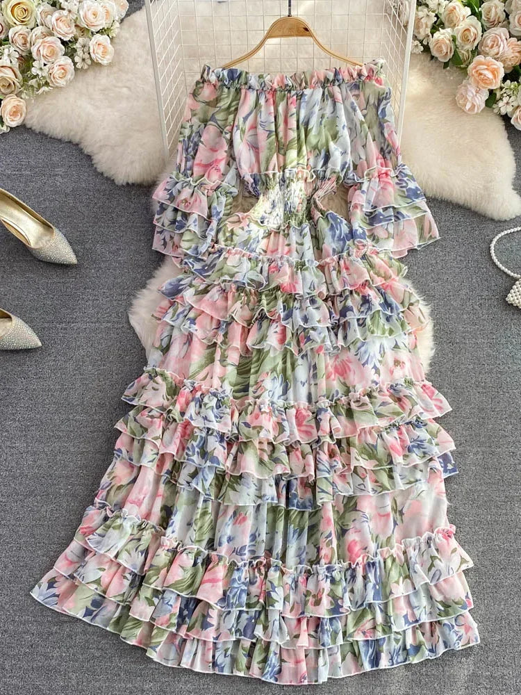 Summer New Off Shoulder Wrap Waist to Show Thin A-line Fragmented Cake Dress Women's Beach Vacation Chiffon Long Dress GD820