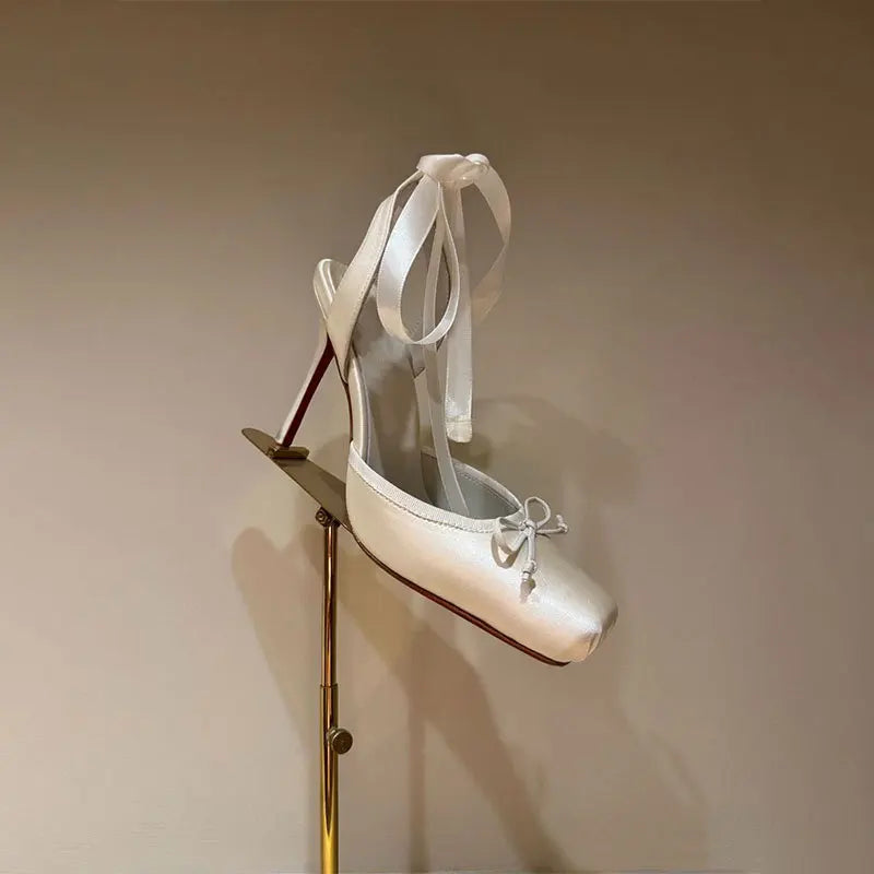 European and American Niche High-heeled Square Toe Ankle Strap Satin Bow Ballet Toe Cap Red Sole Plus Size Women's Sandals