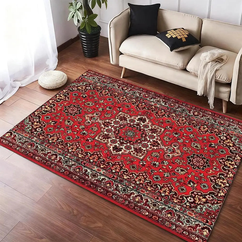 Red Persian Carpet Floor Mat Flannel Rugs Cozy Plush Thickened Soft Warm Winter Floor Mat Non Slip Living Room Home Indoor Use