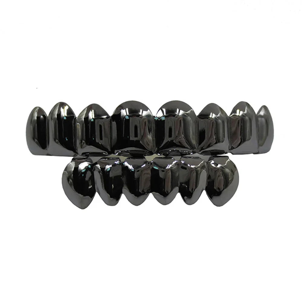 YOUNGX Top Bottom Smooth Black Color Teeth Grillz Braces Hip Hop Glossy Tooth Caps For Women Men Jewelry Wearable Dental Grills