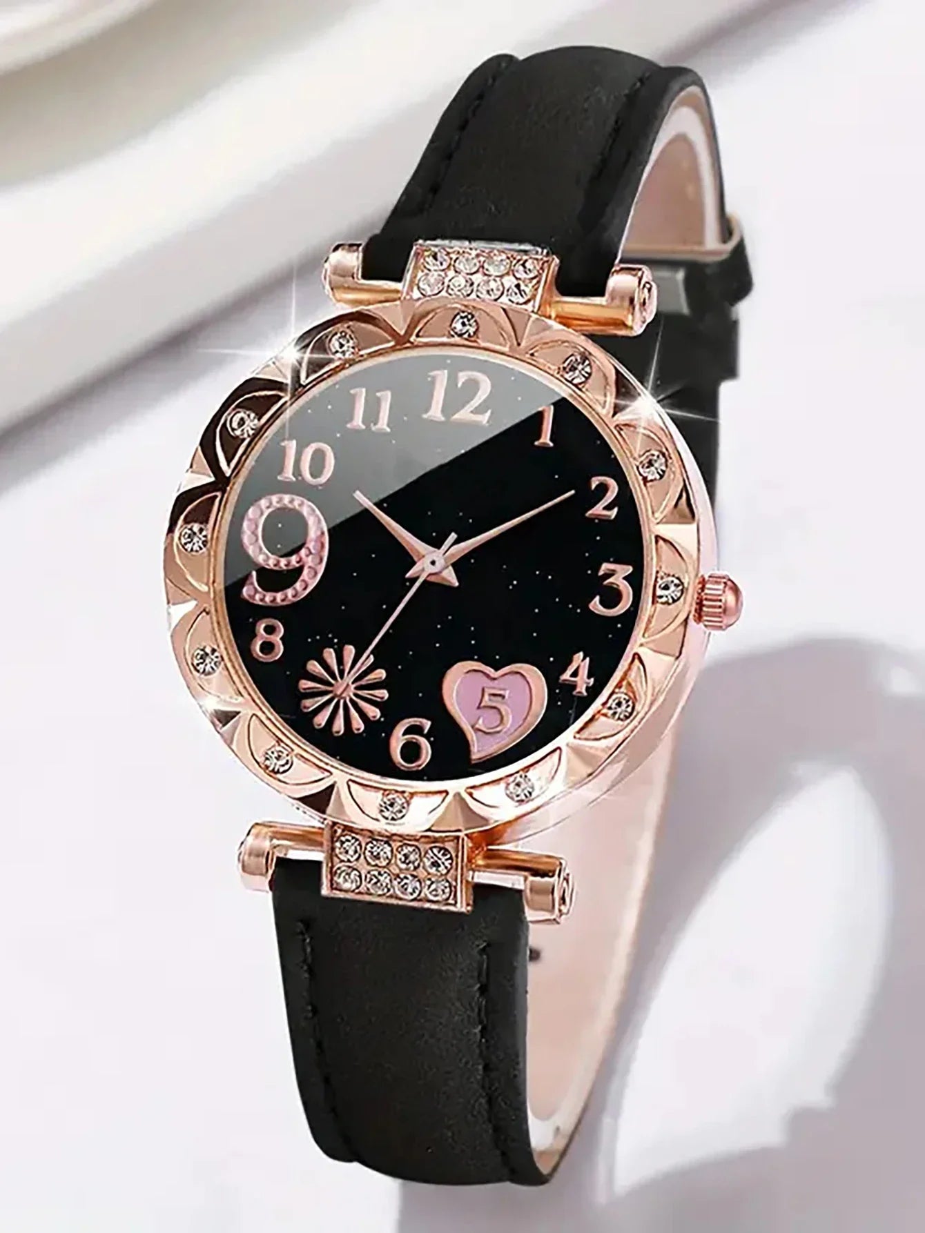 6PCS Women's Fashion Quartz Watch Luxury Pink Leather Band Analog WristWatch Ladies Watch Women Dress Bracelet Set Clock