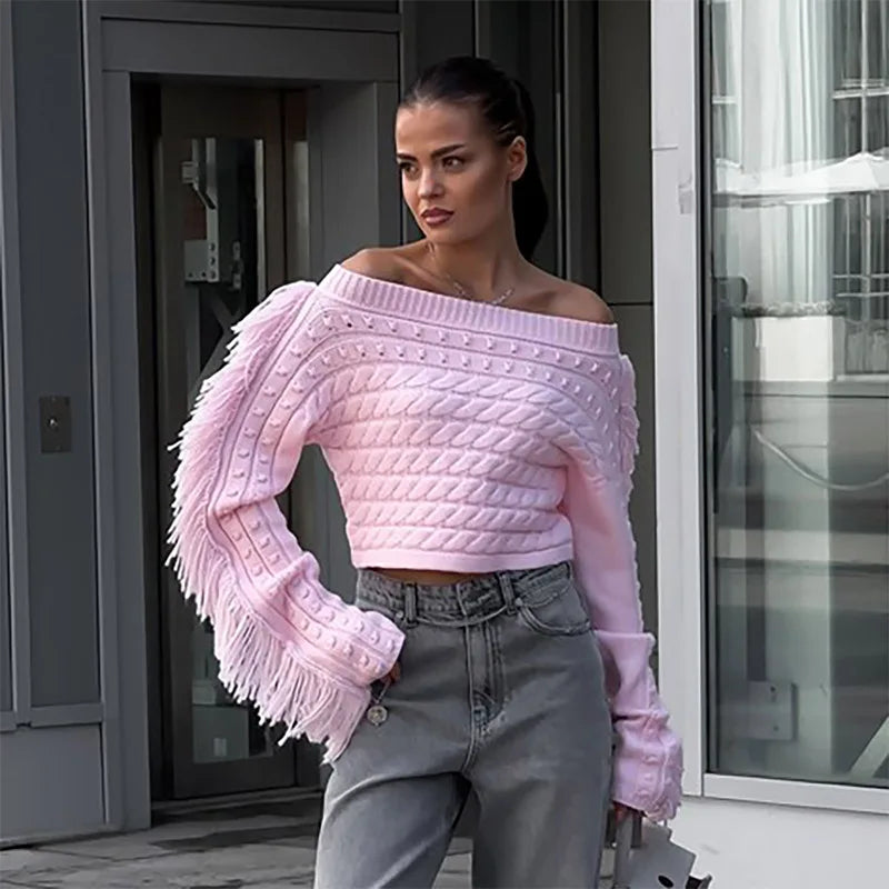 Off-shoulder Long Sleeve Tassel Women‘s Sweater Solid Color Short Pullover Casual Fashion Autumn Sweaters Ladies Knitted Tops