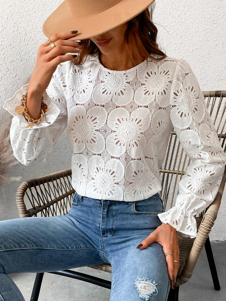 White Floral Eyelet Embroidery Blouse Top For Women Casual O-neck Long Sleeve T-shirt 2023 Spring Autumn Tee Shirts Streetwear