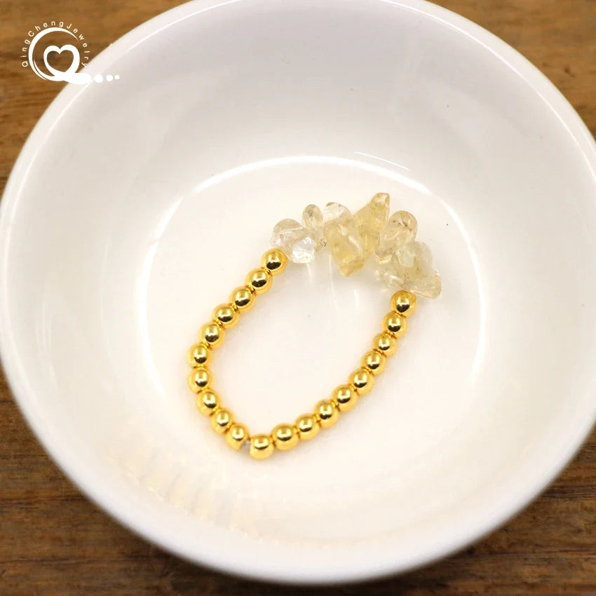Healing Crystal Chip Stackable Rings Golds Brass Round Beads Natural Stone Gravel Stretchy Ring Fashion Women Jewelry,QC4218