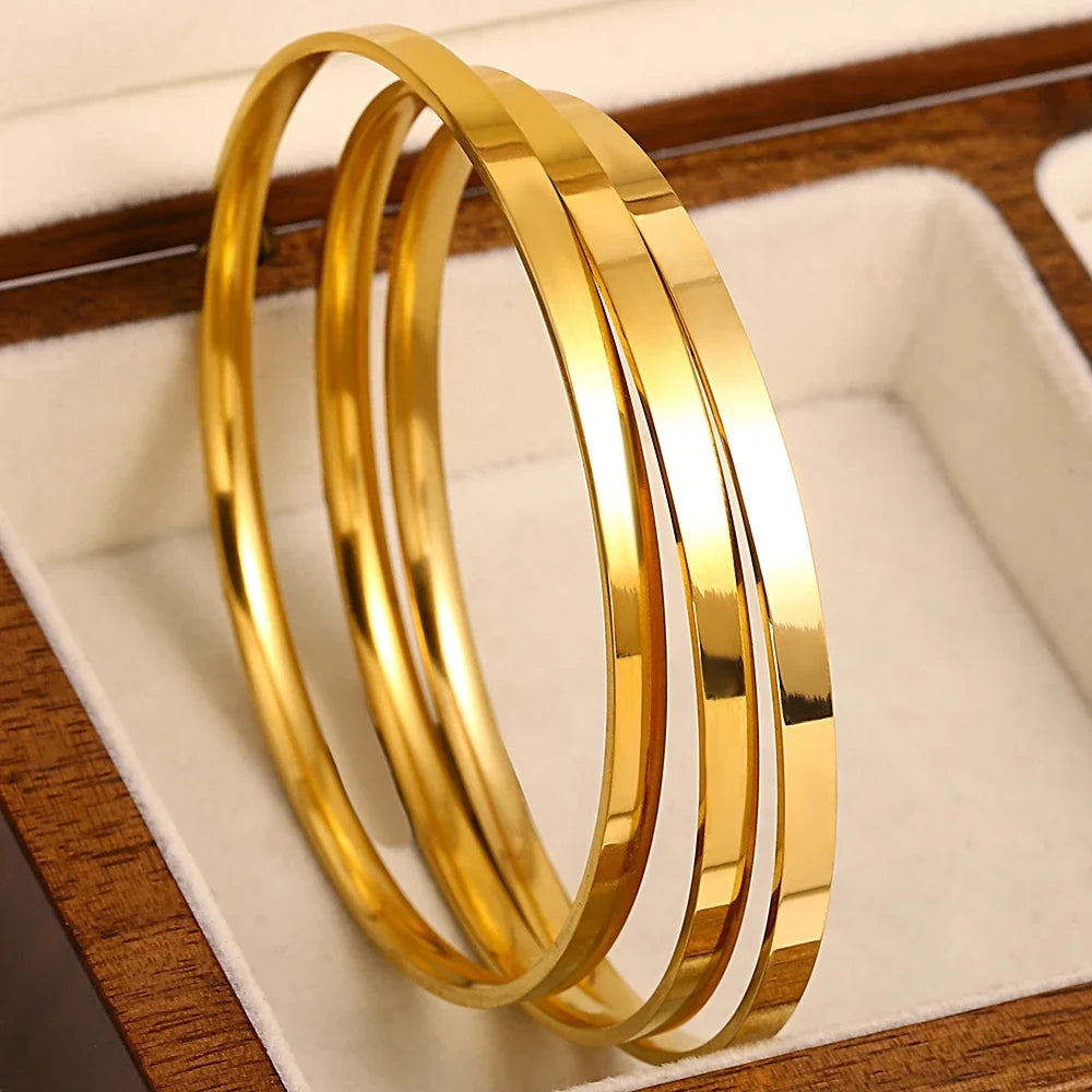 3pcs Glossy 18K Gold Plated Stainless Steel Bangle Bracelet for Women
