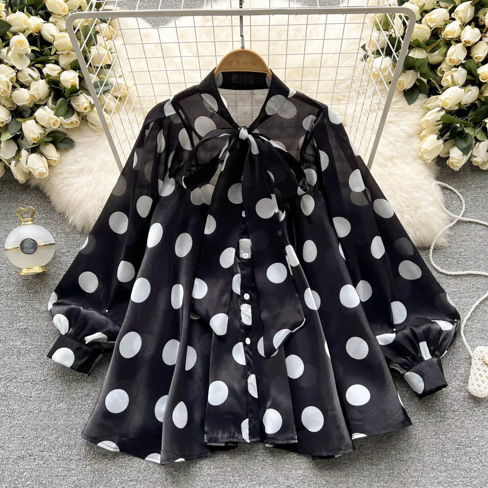 2023 Women's Spring Summer New All-match Chiffon Shirt Bow Tie Long-sleeved Polka Dot Western-style Top Blouse D999