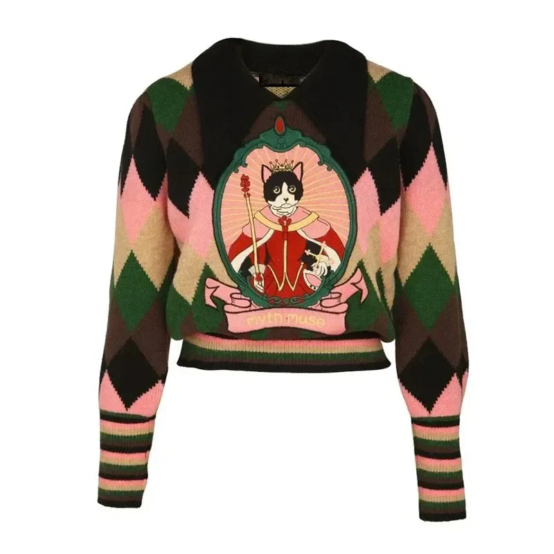 Rainbow Color Loose Knit Sweater For Women Pullover Tops 2023 Autumn Winter Long Sleeve Turn-down Collar Fashion Stylish Jumpers