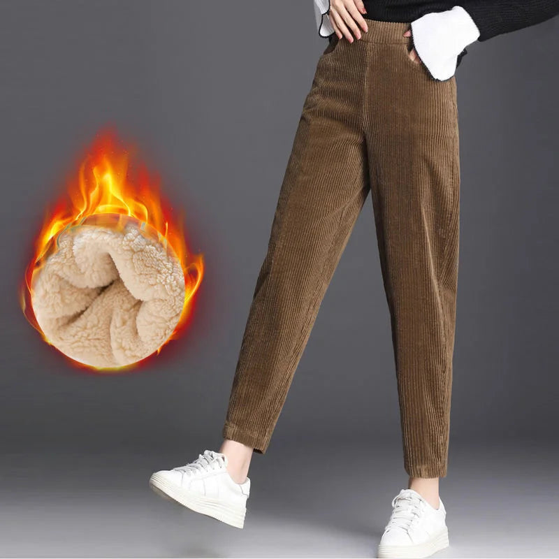 Women Corduroy Warm Pants Thick Plush Casual Trousers.
