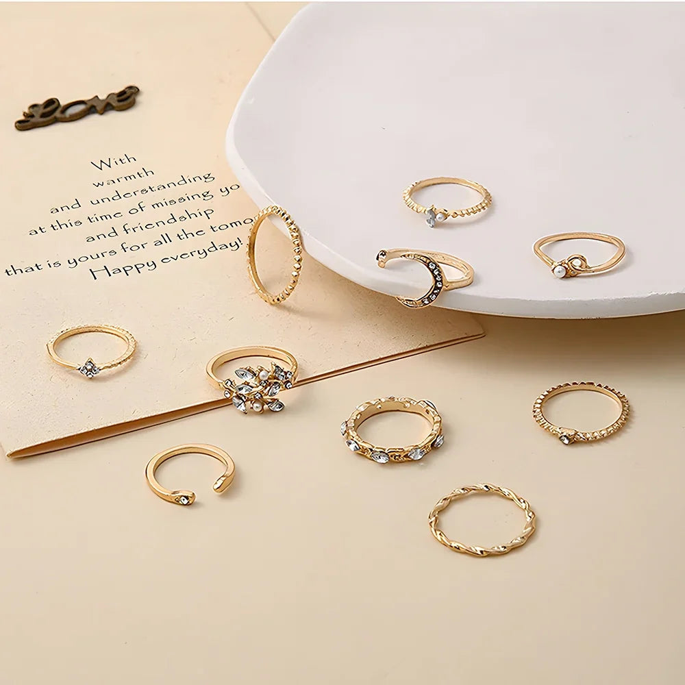 10pcs Rings Suit for Women Gold-Color Chain Ring Set Bohemian Style