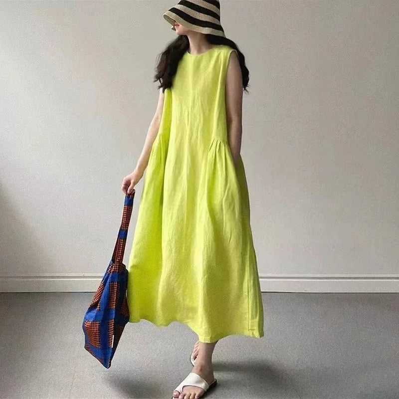 Minimalist Summer Lazy Style round Neck Long Oversized Sleeveless Dress Maxi Dress Comfortable Loose Fit V-Neck Knee-Length Dres