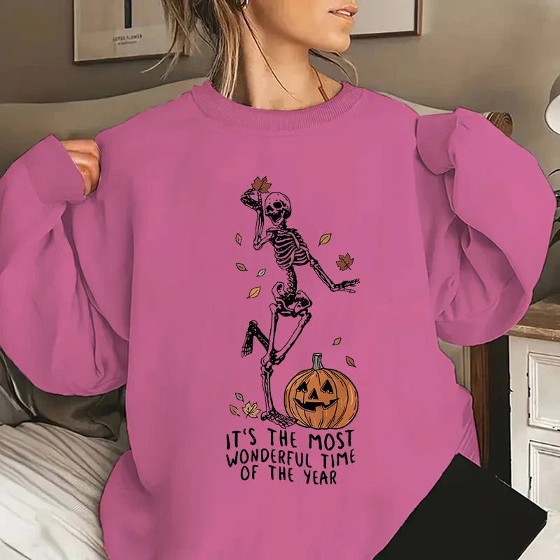Halloween Skeleton & Pumpkin Print Sweatshirts Casual Long Sleeve Crew Neck Sweatshirt Women's Plus Size Clothing