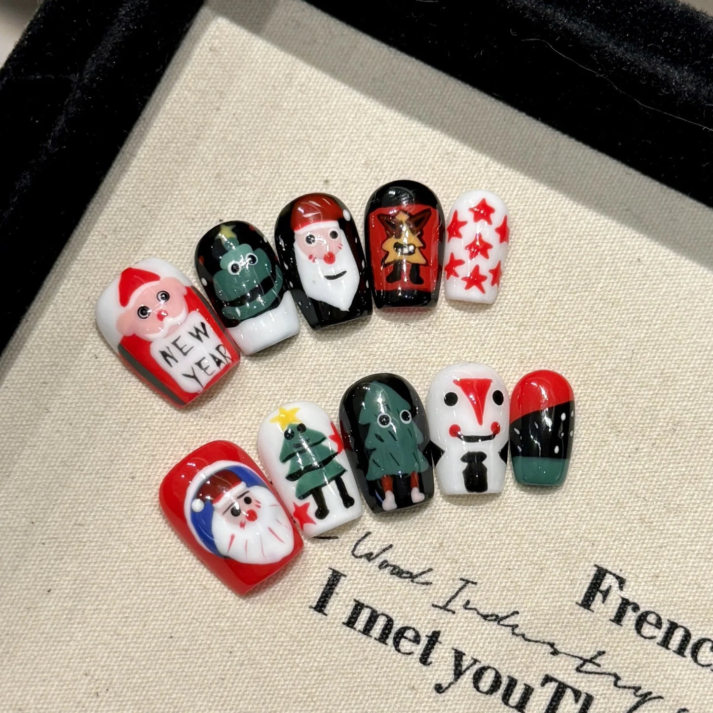 10pcs Handmade Press On Nails For Christmas Short Square Snowflake Xmas Tree Designs False Nail Glitter Red Green Fake Nail Tips