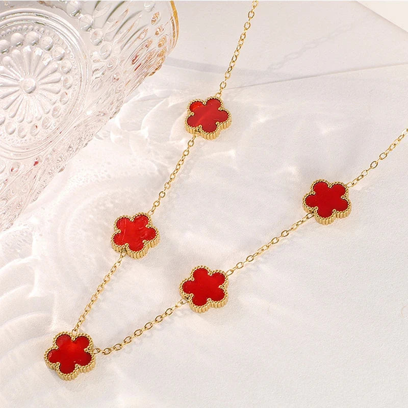 14K Gold Plated Stainless Steel Necklace Woman Five Leaf Petals Double