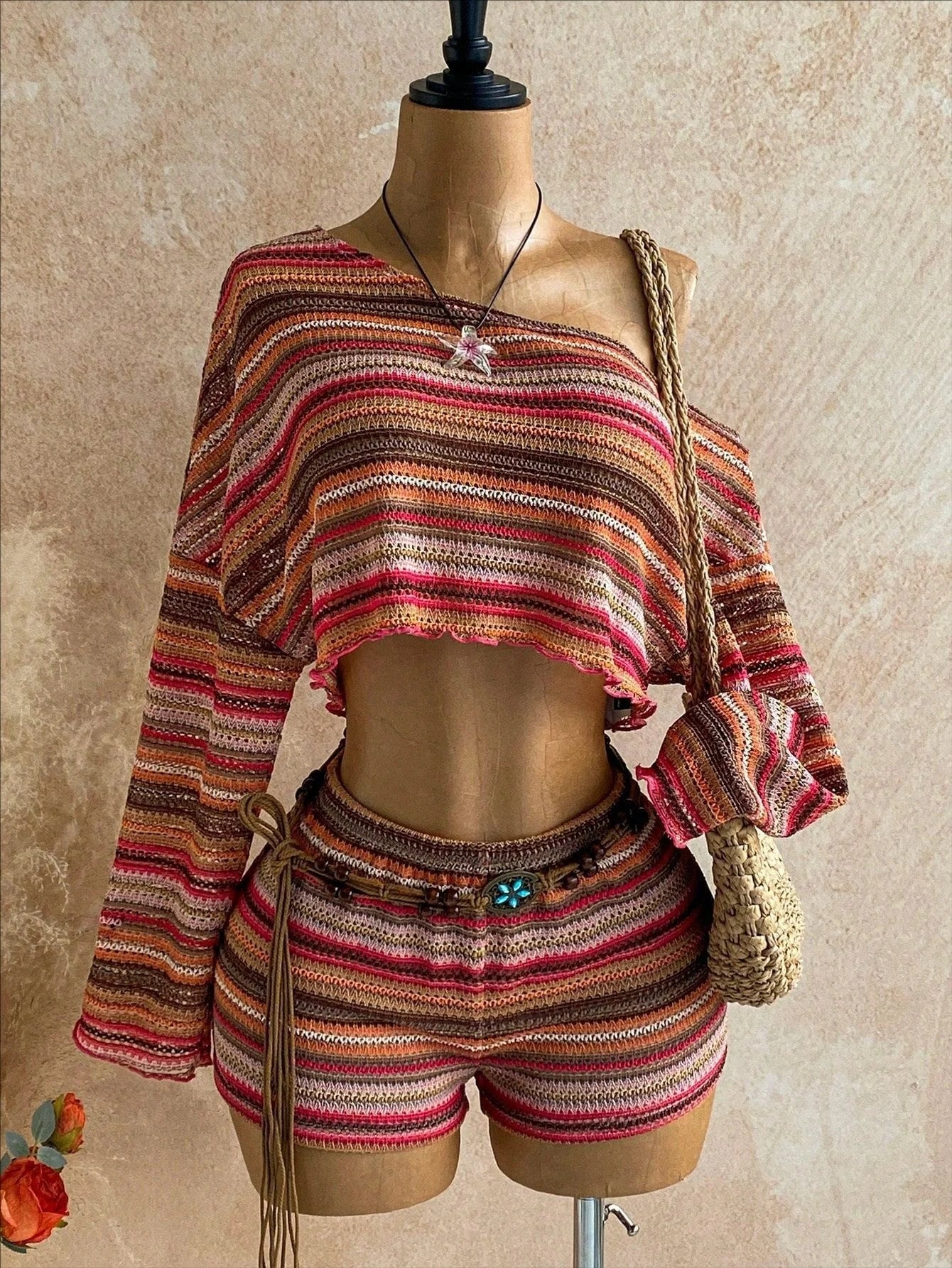 Boho Asymmetrical Off Shoulder Striped Knit Two Piece Set Women Long Sleeve Crop Top High Waist Shorts For Summer Vacation
