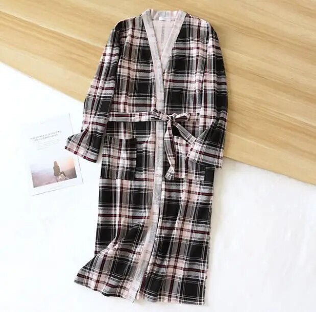 Spring and Autumn Cotton Waffle Kimono Bride Bathrobe and Night Gown Home Wear Women Flower Print Sashes House Robe for Women