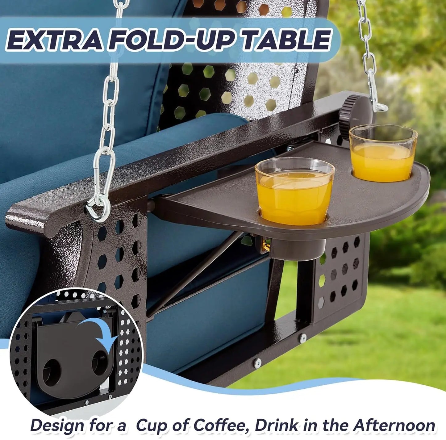 Brown Seagrass Rattan 3 Seat Porch Swing Blue Cushions Cup Holders Chains Deck Garden Backyard