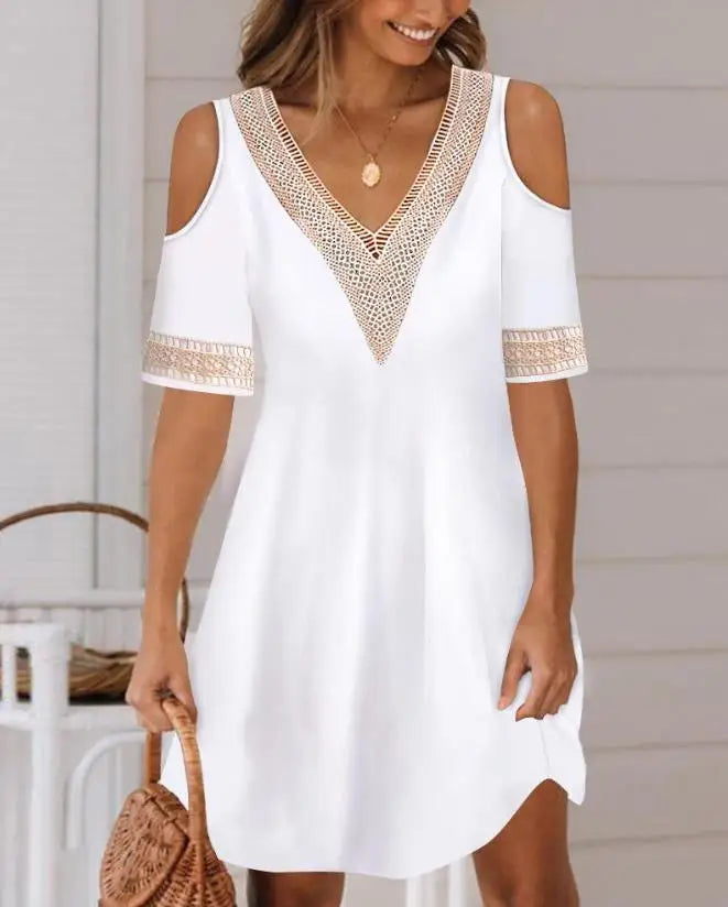 Women Summer Mini Dresses Fashion Women's Clothing Solid Elegant Hollow Out Scallop Trim Cold Shoulder Casual Dress