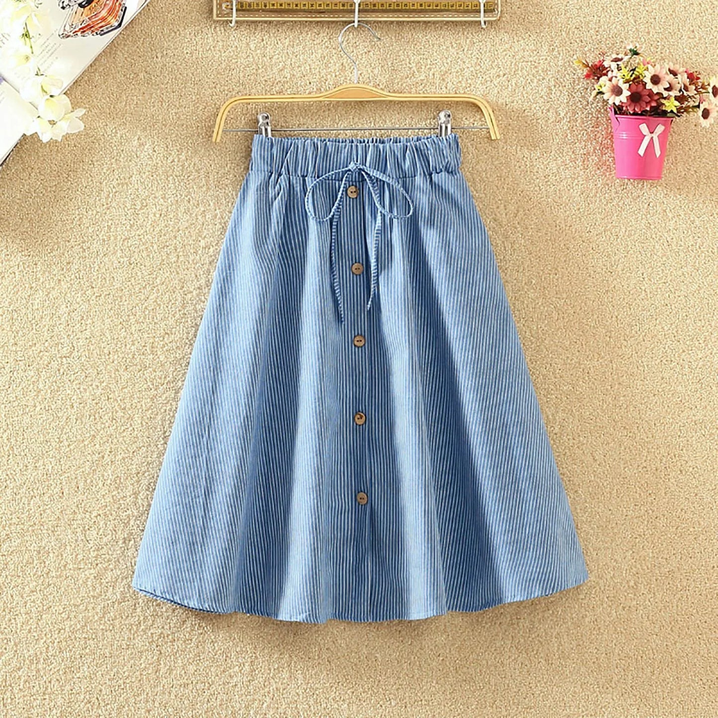 Pleated Skirt Girls Waist Long Denim Skirt Female New Kong Flavor Summer Arts Students Border Ladies Skirts Below Knee Length