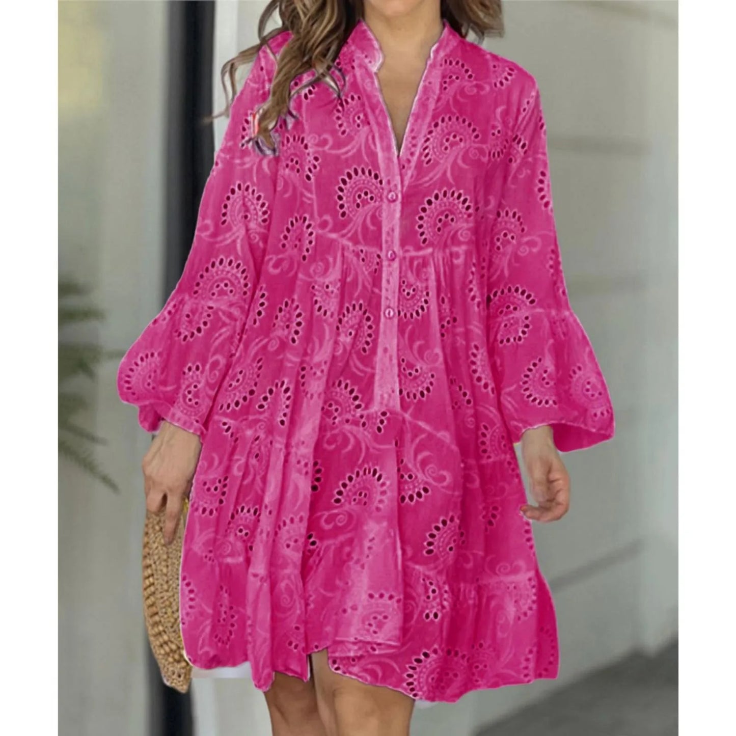 Plus Size S-5XL Hollow Out Dresses for Women Summer Elegant Solid Embroidered Lace Dress Loose Holiday Beach Mini Dress White