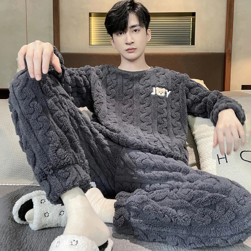 Thickened Warm Plus Size Men’s Pajamas, Autumn and Winter Nightwear.